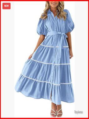 Summer Maxi Dress Puffy Sleeve Button Down Tiered Ruffle Flowy